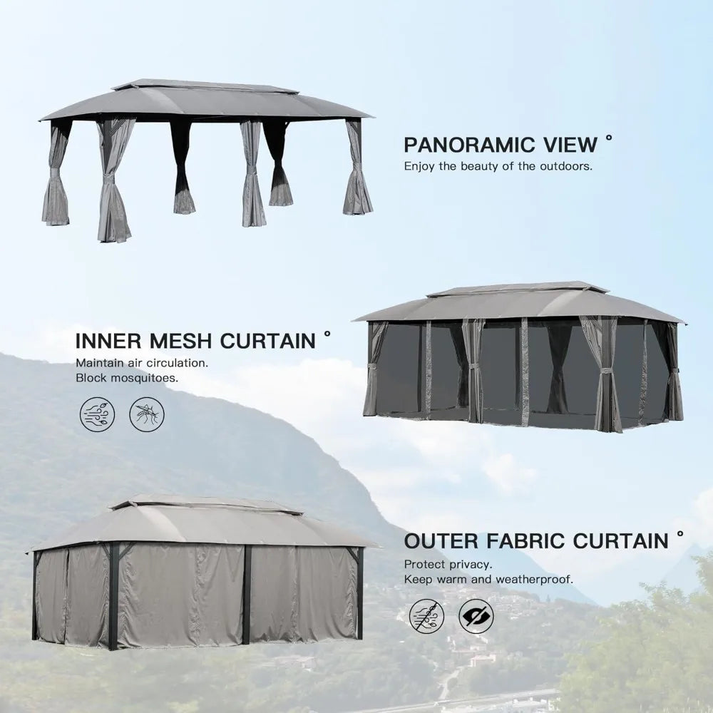 Gazebo 10x20FT, Outdoor Gazebo with Double Roofs, Privacy Curtains