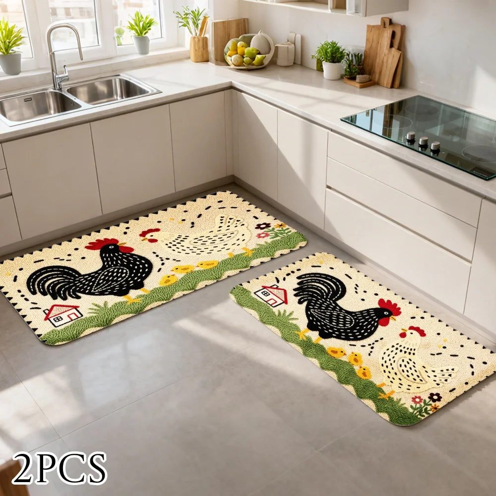 3PCS Kitchen Rugs,Rooster And Flowers Dining Mat
