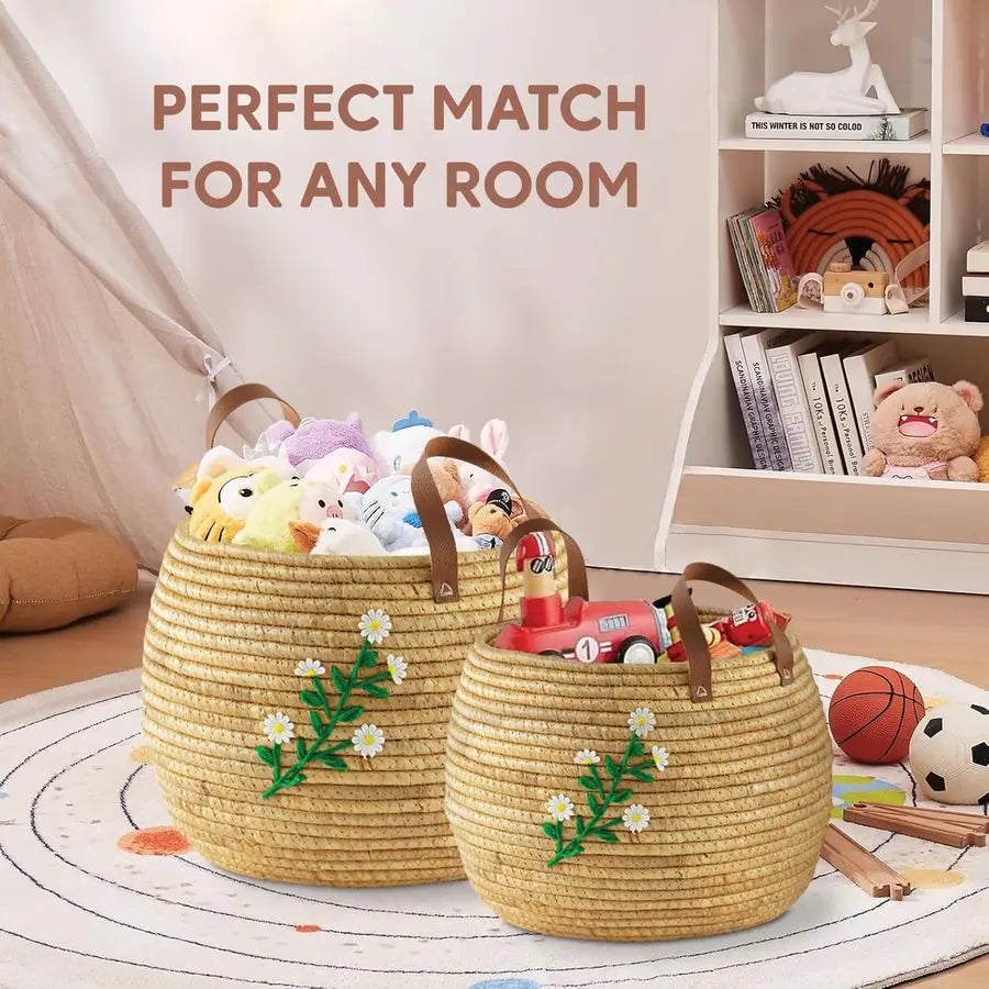 Water Hyacinth Storage Baskets Set of 2, Handwoven Round Organizers