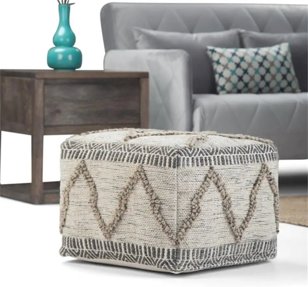 Boho Square Pouf In Grey, Natural Handloom Woven Pattern
