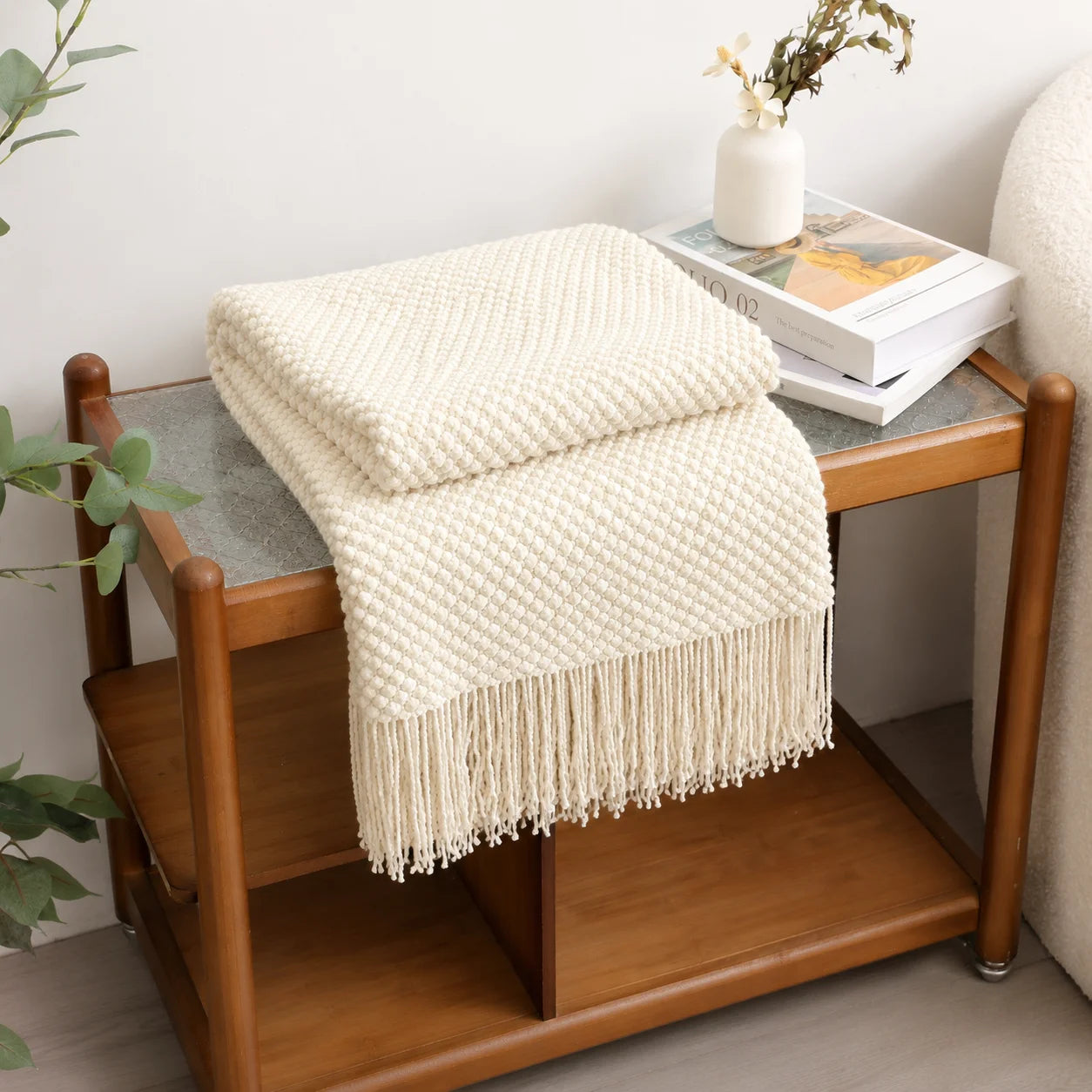 Cream Popcorn Bobble Textured Knit Throw Blanket with Tassel Fringe,
