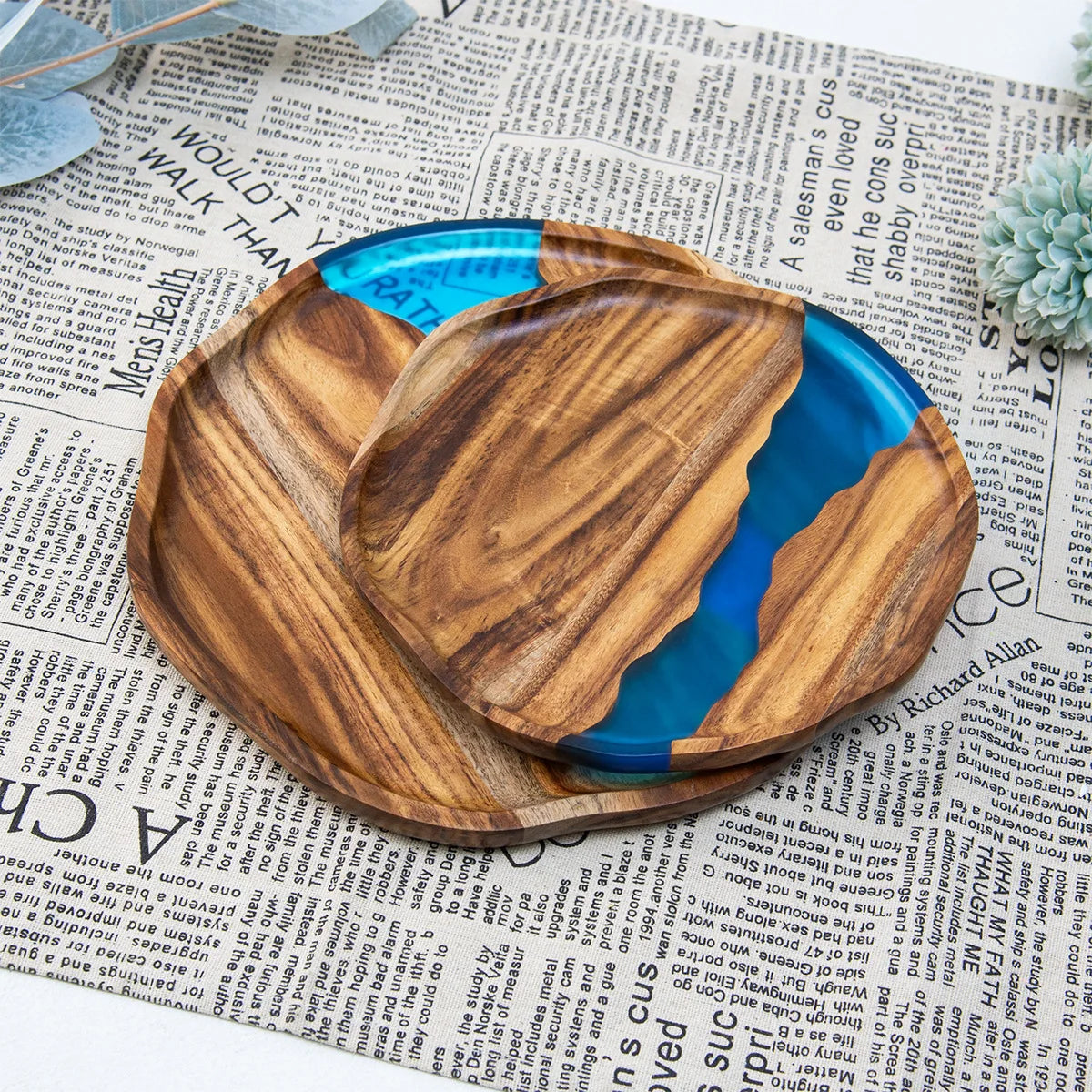 Acacia wood epoxy resin craft tray; tea tray; round plate; resin river