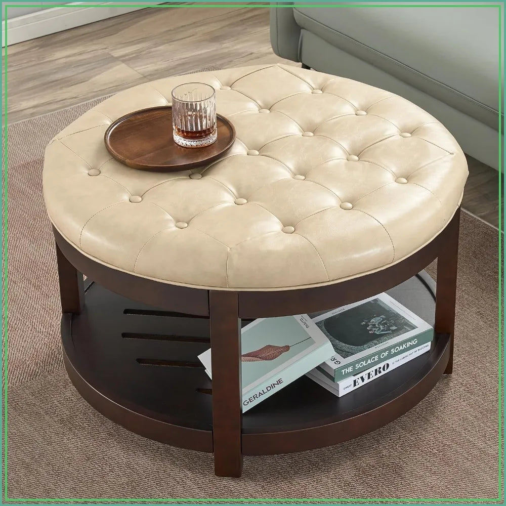 Large Round Storage Ottoman PU Leather Footrest