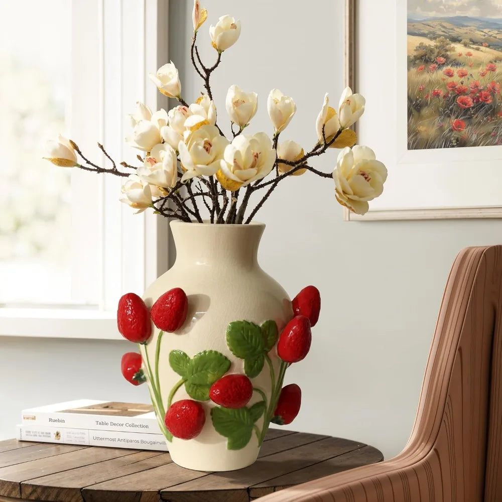 Unique Ceramic Flower Vase, with Red Strawberries
