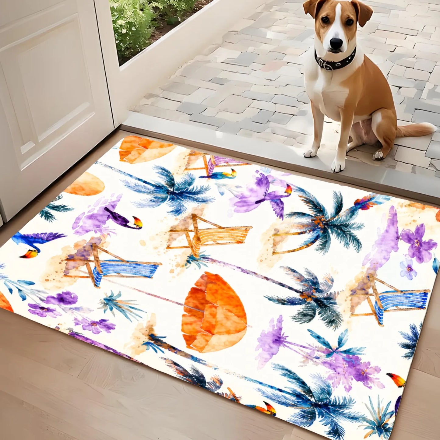 3PC  Rugs Palm Trees Beach Chairs Umbrellas Sunflowers Watercolor