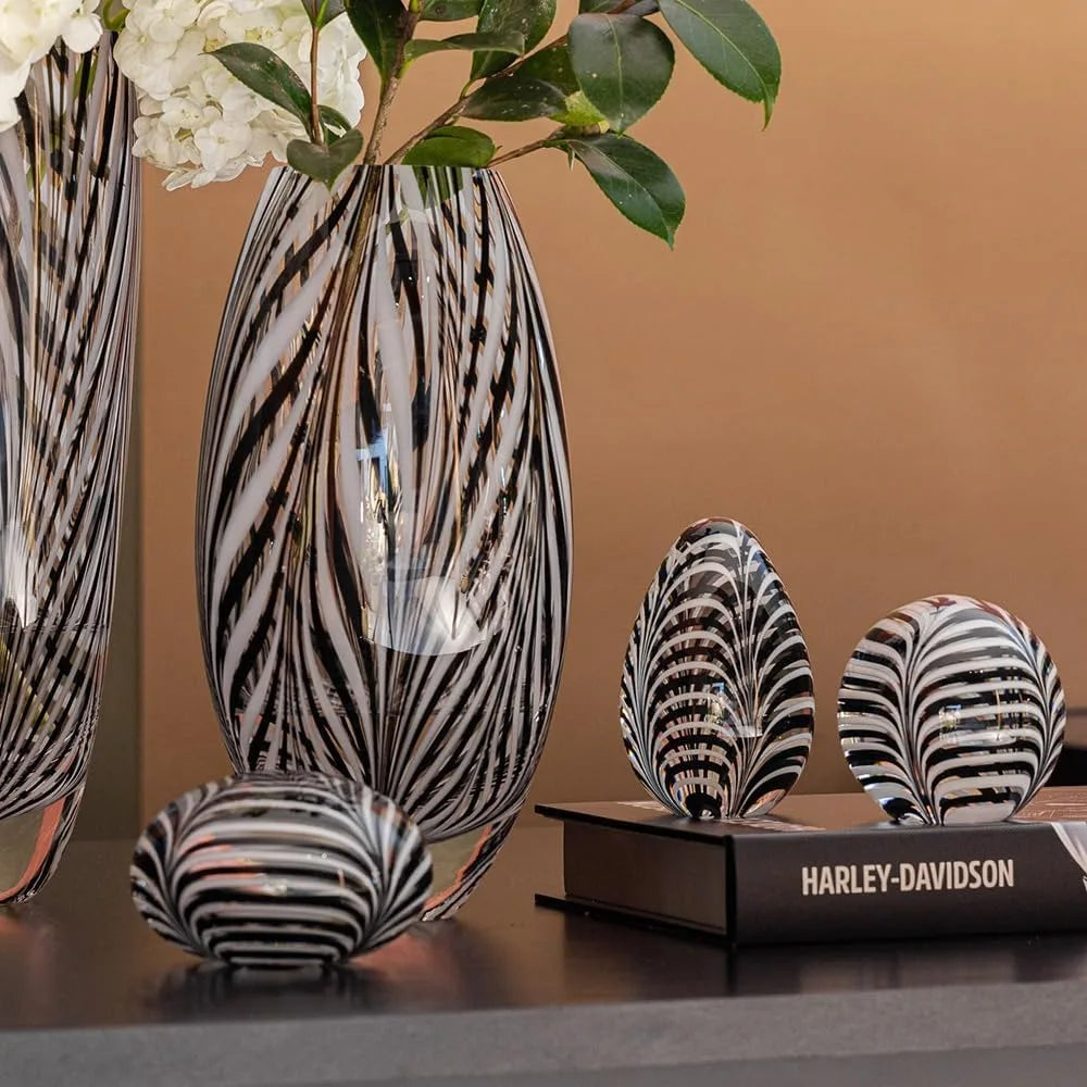 Glass Vase Black and White Feather Pattern Hand Blown