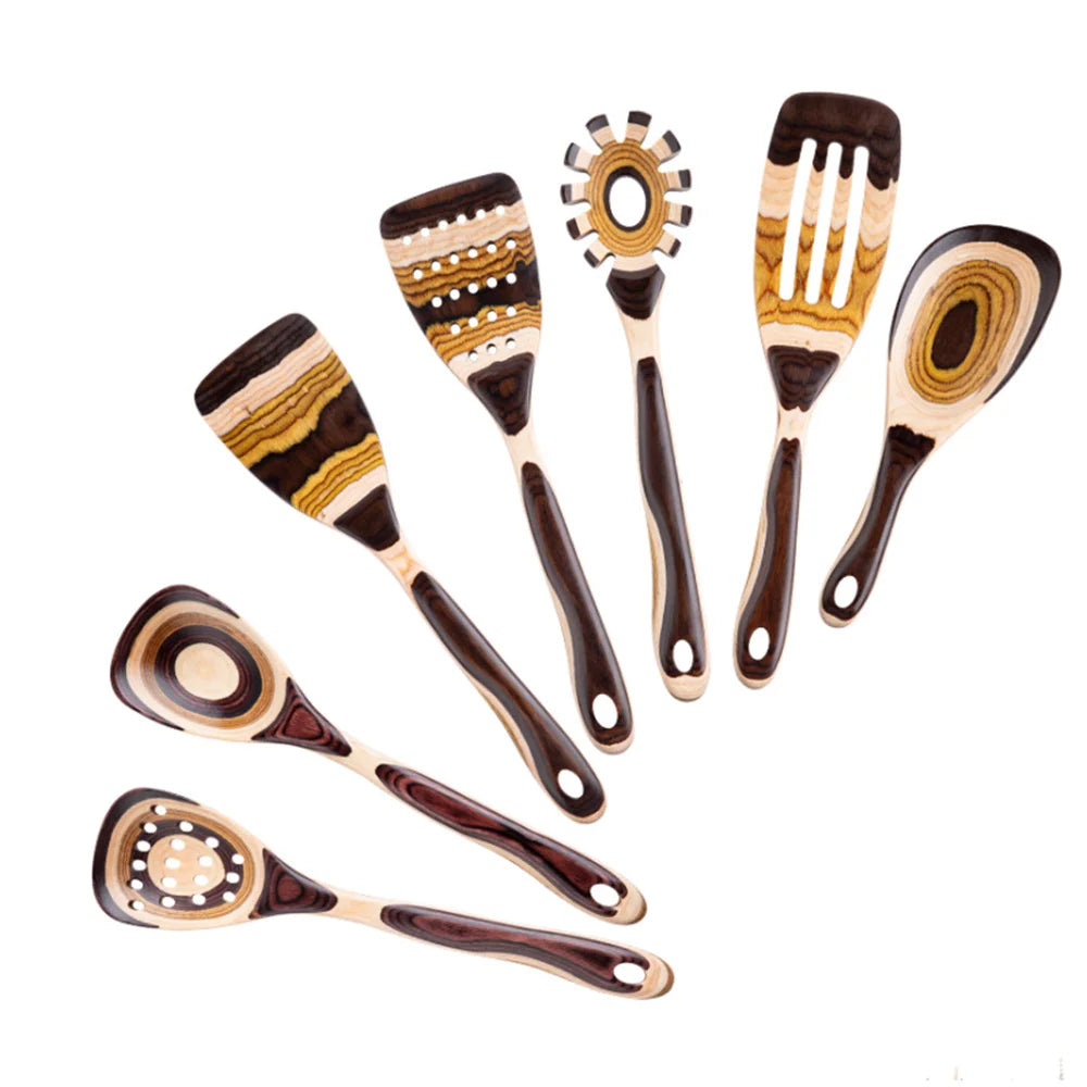7-Piece Brown Utensils Set –, Wooden Spoons Utensil