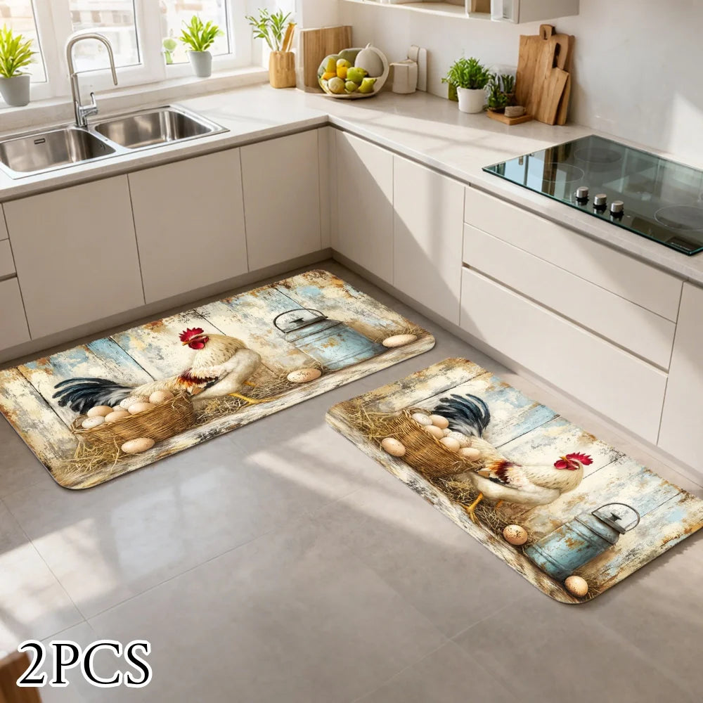 3PCS  Rugs,Rooster Chicken Basket Rustic Farmhouse Pattern Dining Mat
