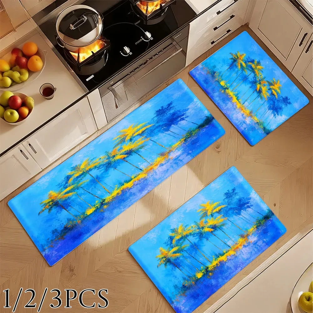 3PCS Kitchen Rugs, Kitchen, Bathroom, Blue Sky Palm Trees Tropical Beach
