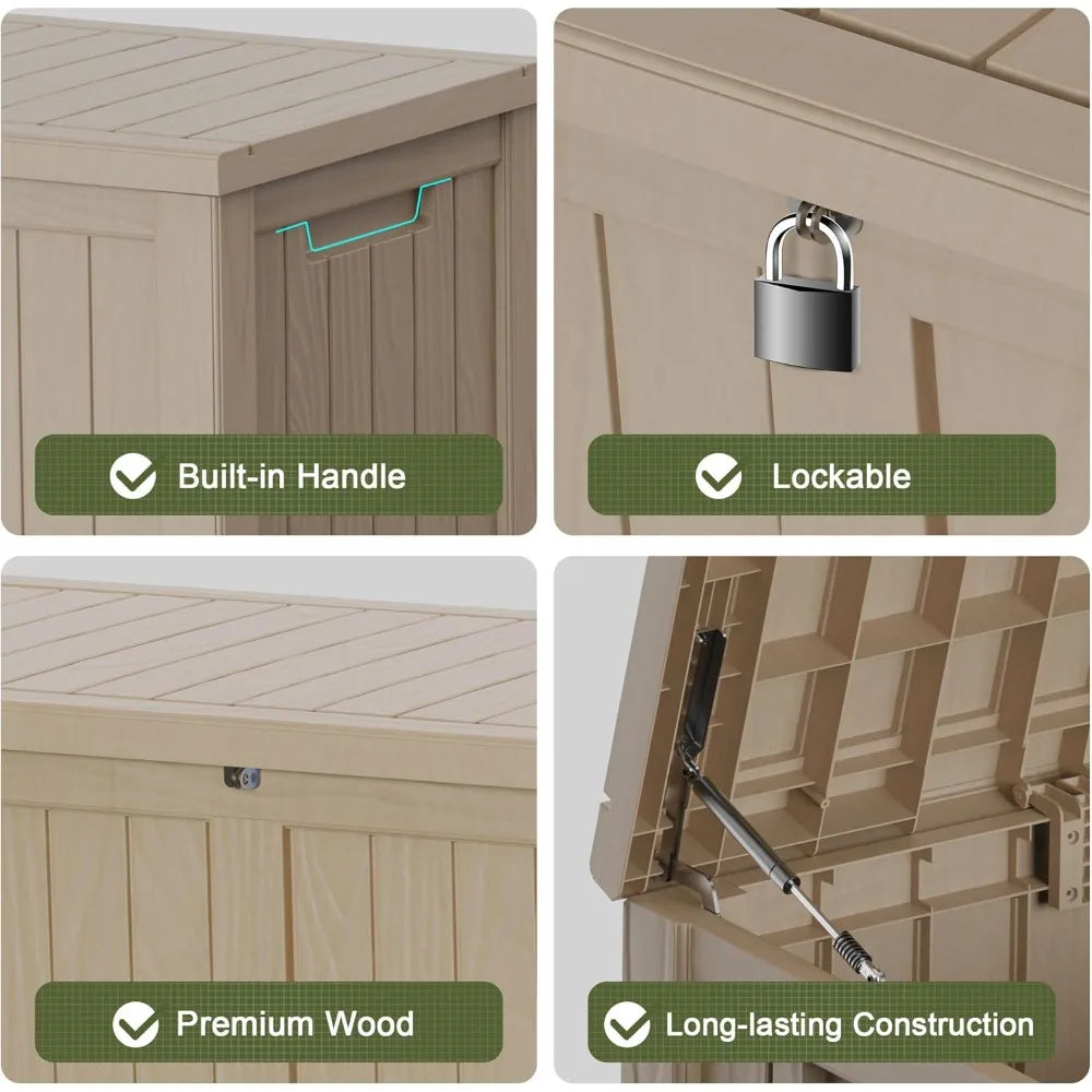 "120 gallon lockable outdoor storage box for patio furniture, garden, and tools"