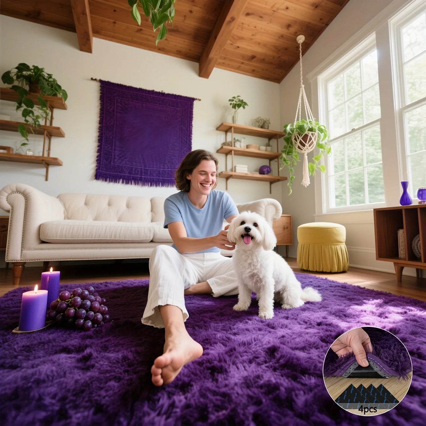 Room Decor Rug,Purple Fluffy Soft Shaggy Non-Slip - 4 Rug Stickers