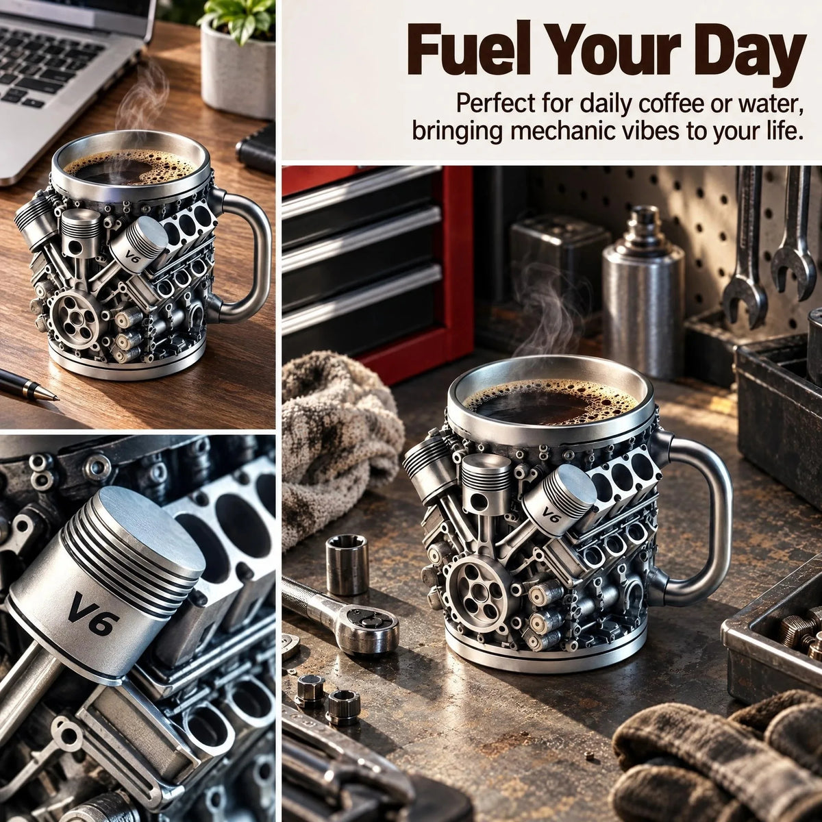 V6 Engine Stainless Steel Coffee Mug, 3D Metal