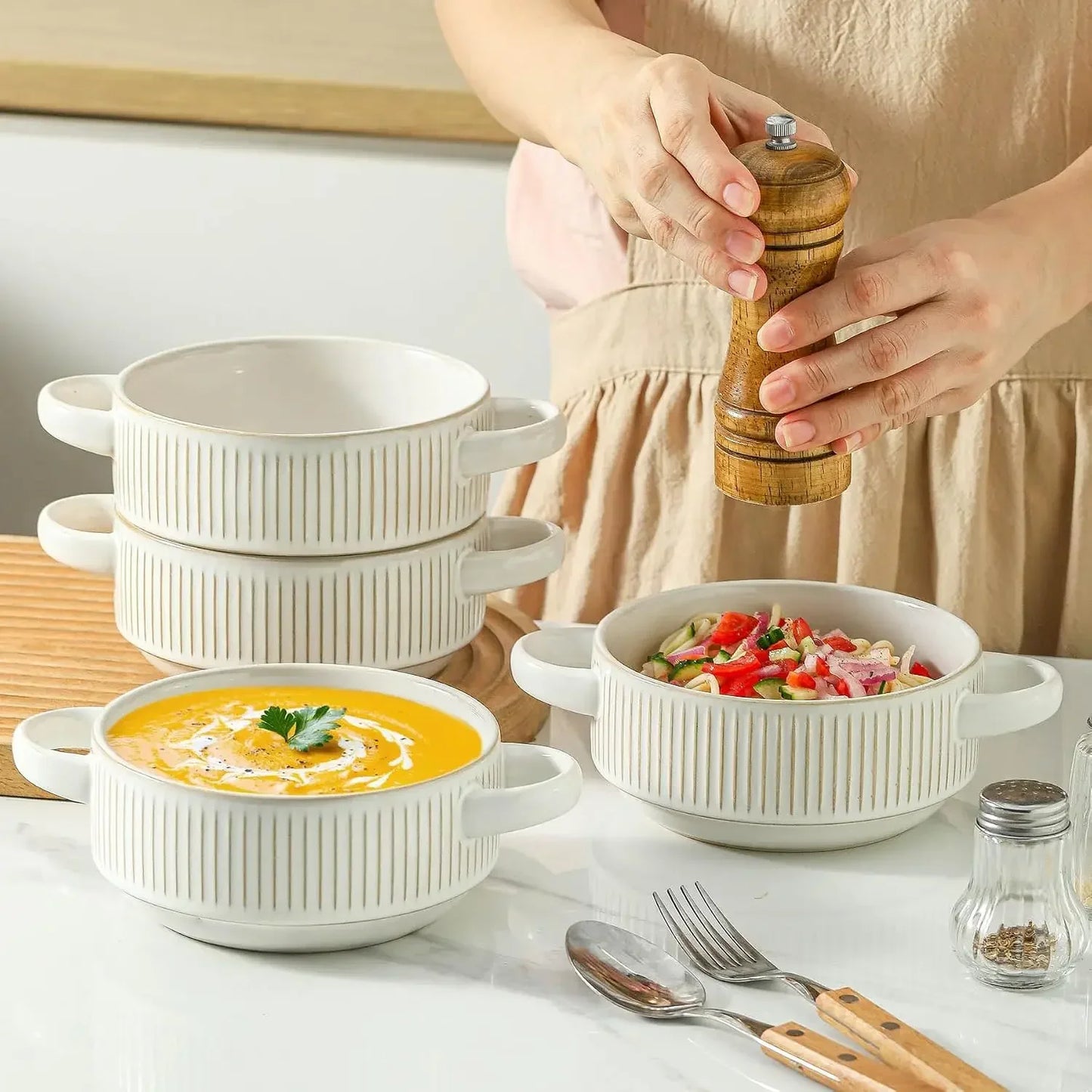 Soup Bowls with Handles, 23 oz Ceramic Bowl Set - 5.4 Inch, Set of 4,Blue