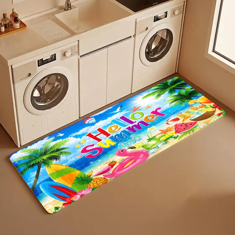 3PCS Rugs,Hello Summer Palm Trees Beach Ball Watermelon Dining Mat