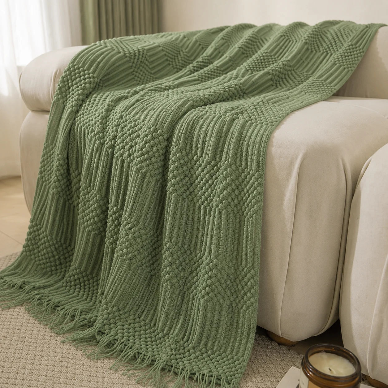Textured Knit Throw Blanket with Tassel Fringe, Soft Knitted Decorative Blanket,