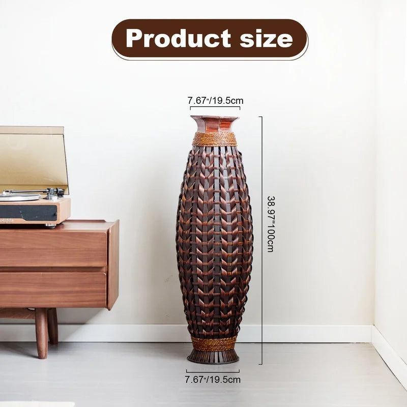Handwoven Bamboo Floor Vase, 38.97" Tall Rustic Deco Natural Woven Design- Dried Branches