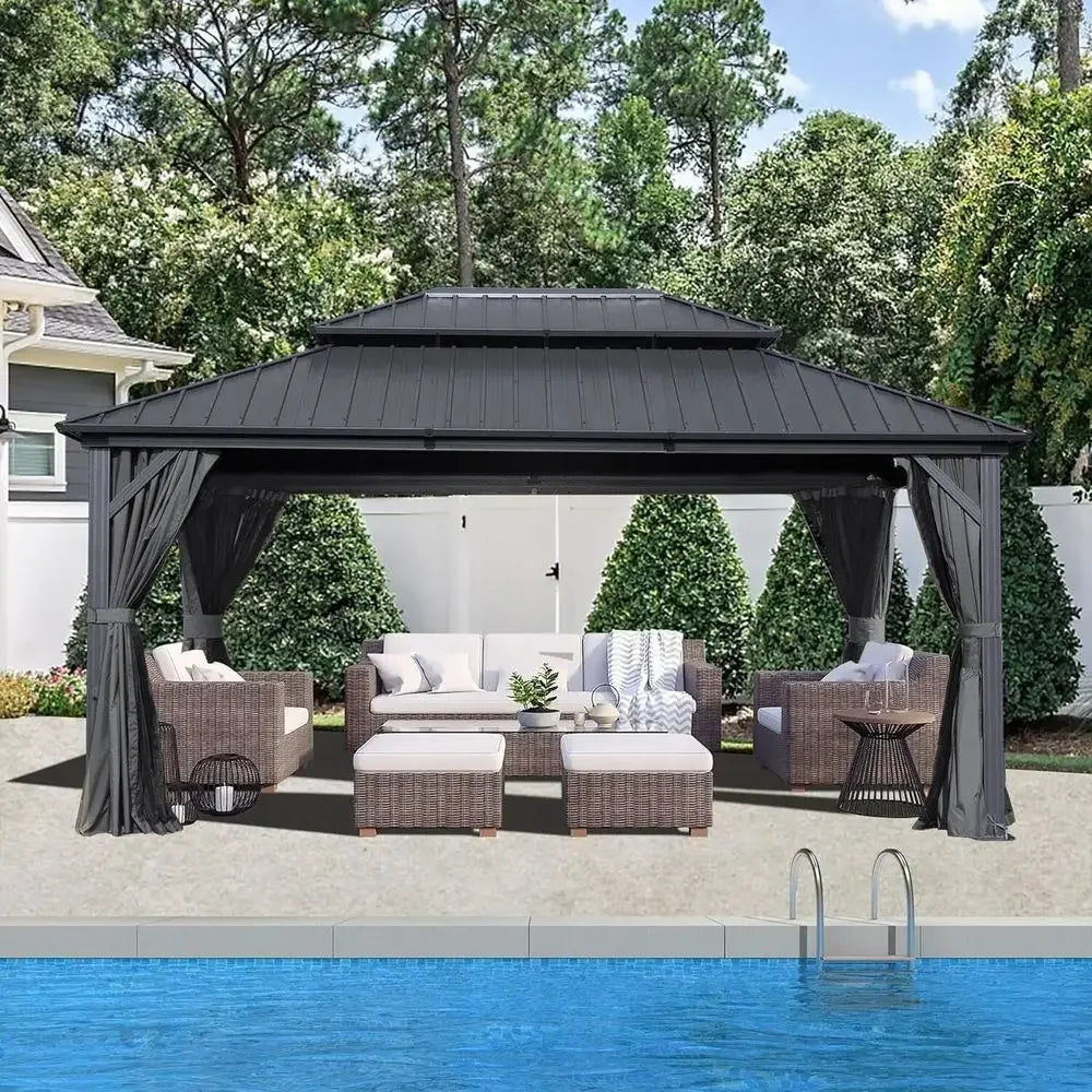 Domi 10x14T Outdoor Gazebo,  Galvanized Steel, Hardtop Gazebo