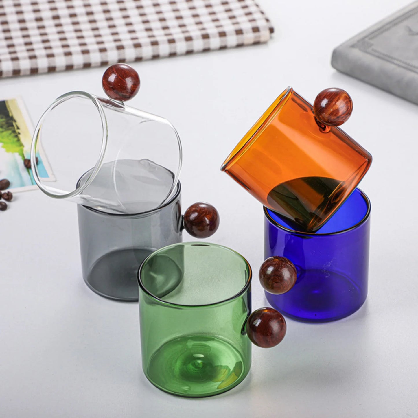 Colorful Glass Coffee Mugs With Wooden Ball Handle 120/200ml