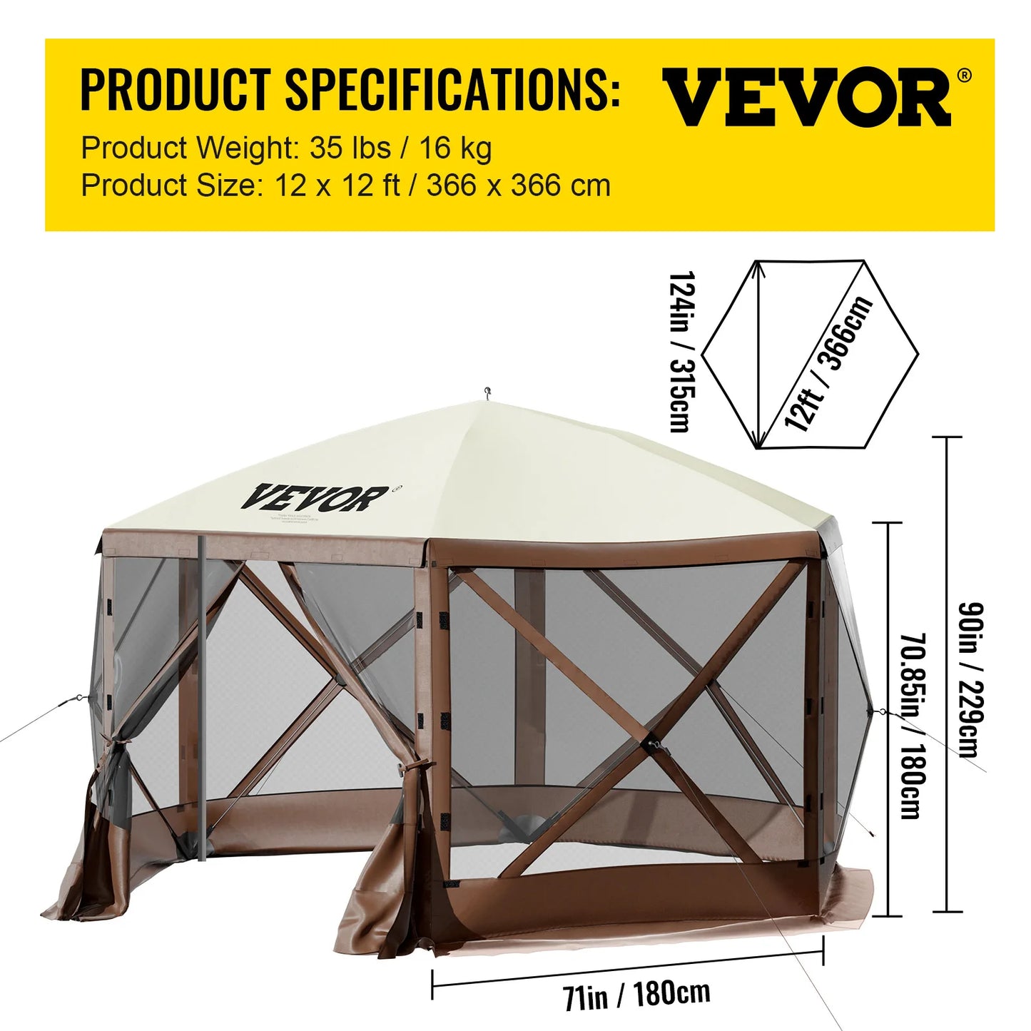 Pop-up Camping Gazebo 6 Sided 12' x 12' / 10' x 10'