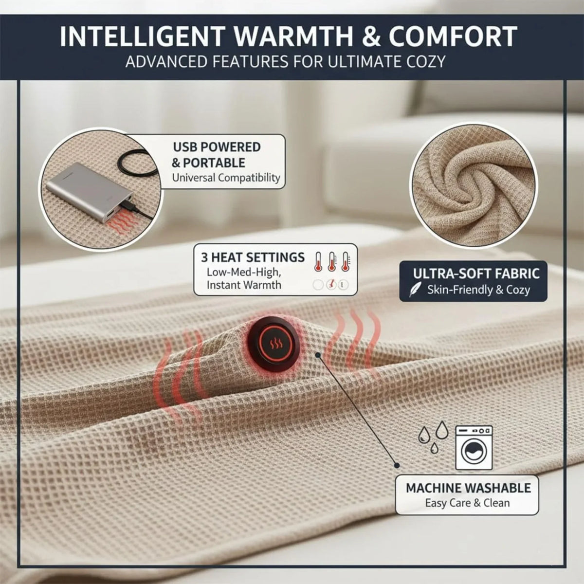 Wearable Electric Heated Shawl 3 Gears Zipper USB