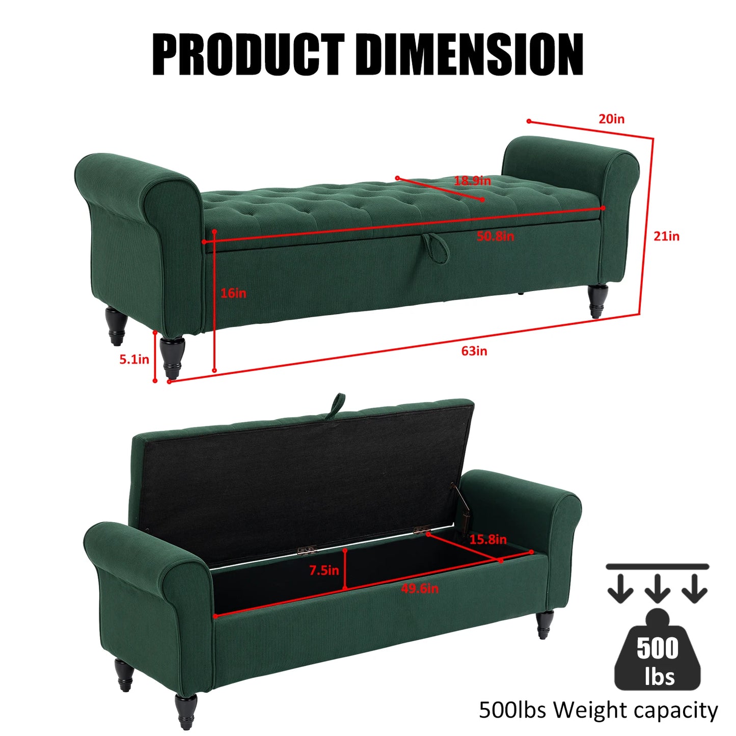 63’’ Storage Ottoman, Storage Bench,