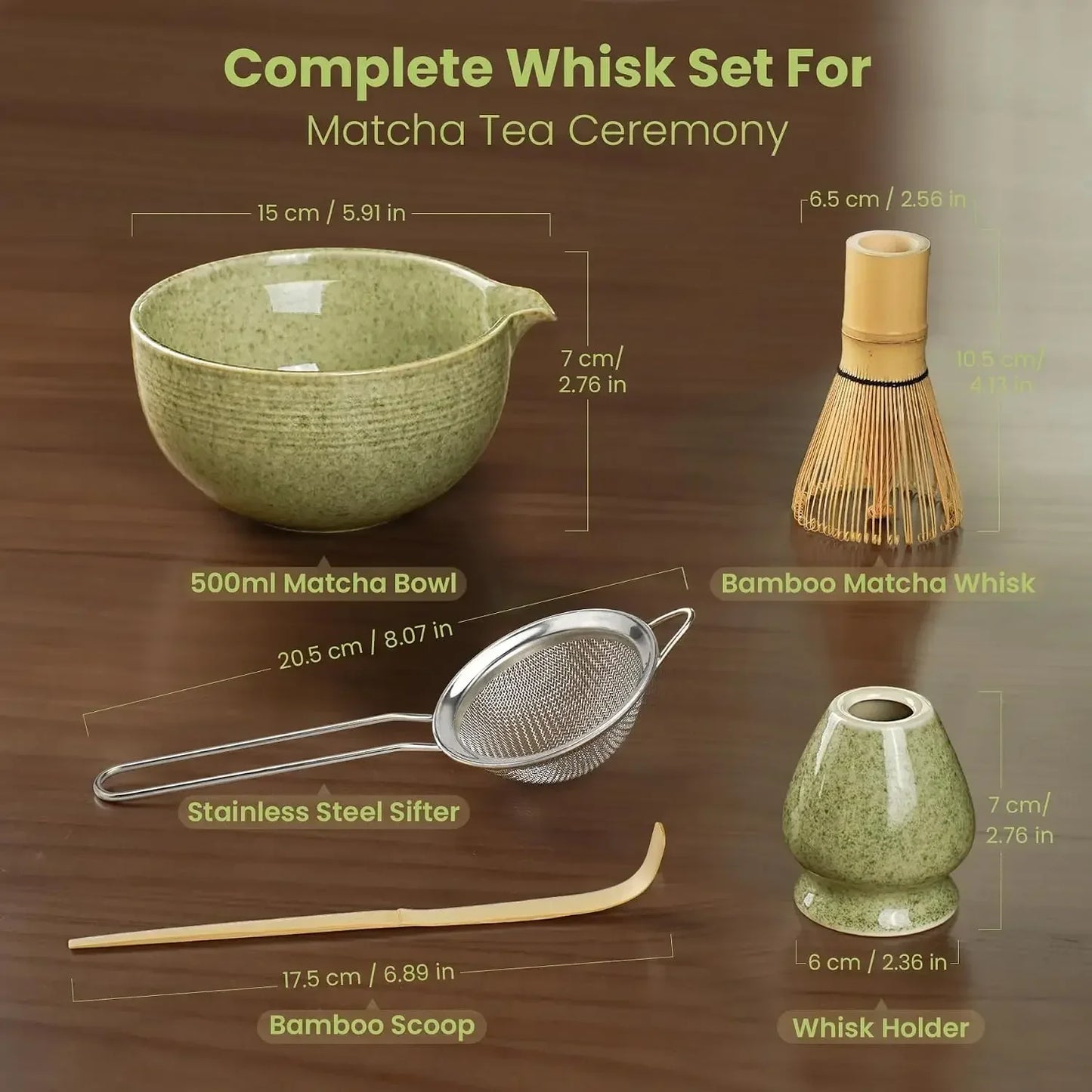 Whisk Set, Ceramic Bowl Matcha Kit 5 Pcs, Sifter, Bamboo Scoop & Holder