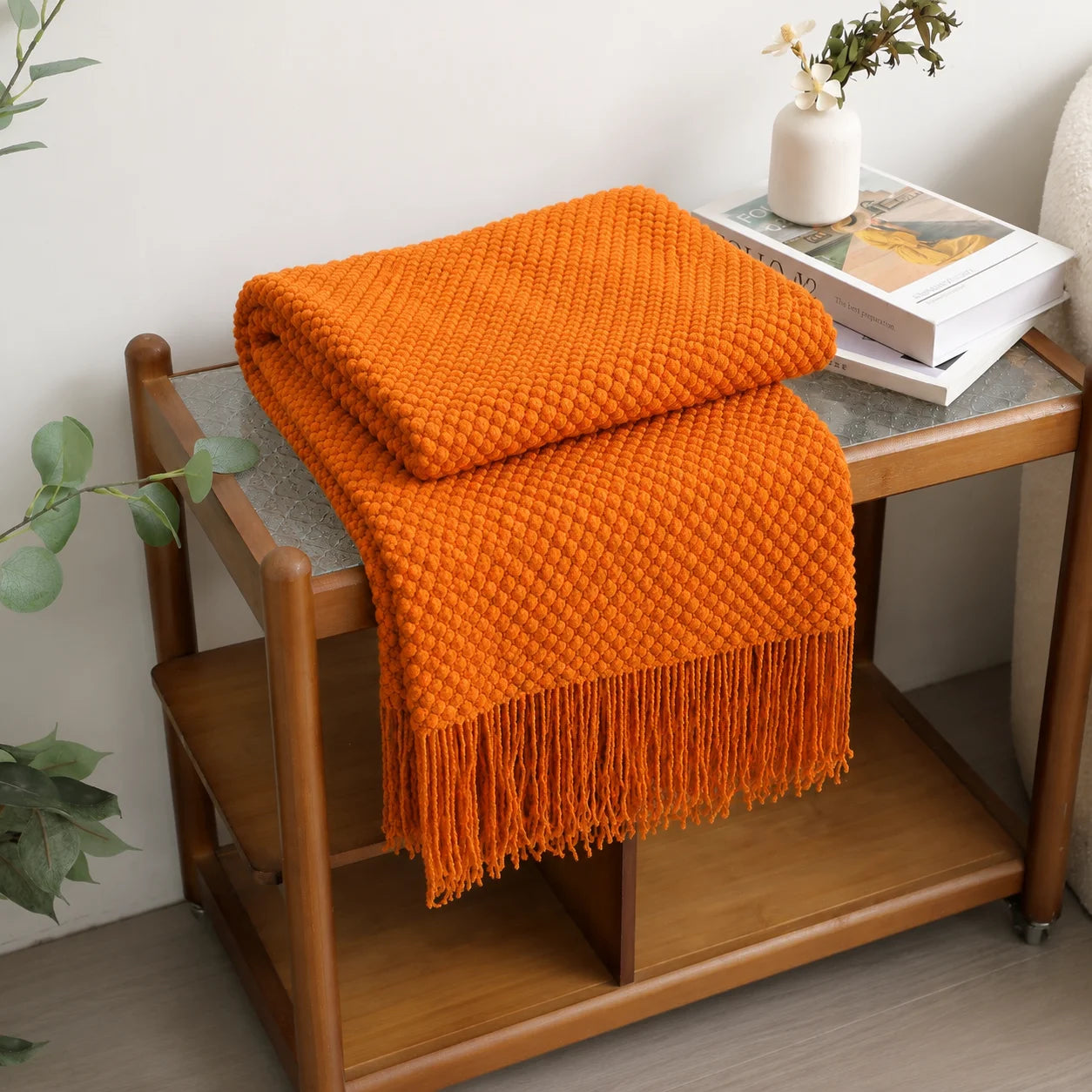 Cream Popcorn Bobble Textured Knit Throw Blanket with Tassel Fringe,