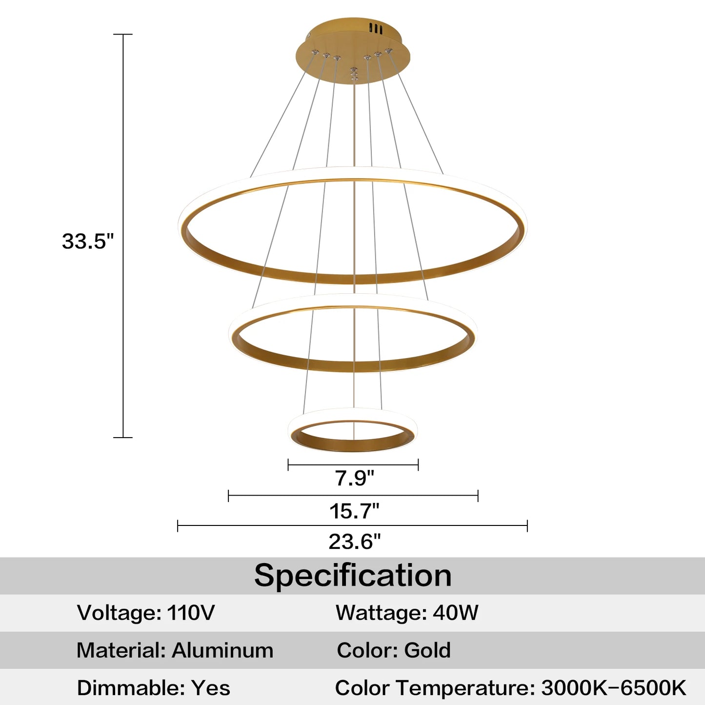 LED Chandelier for High Ceiling, Dimmable 3-Ring