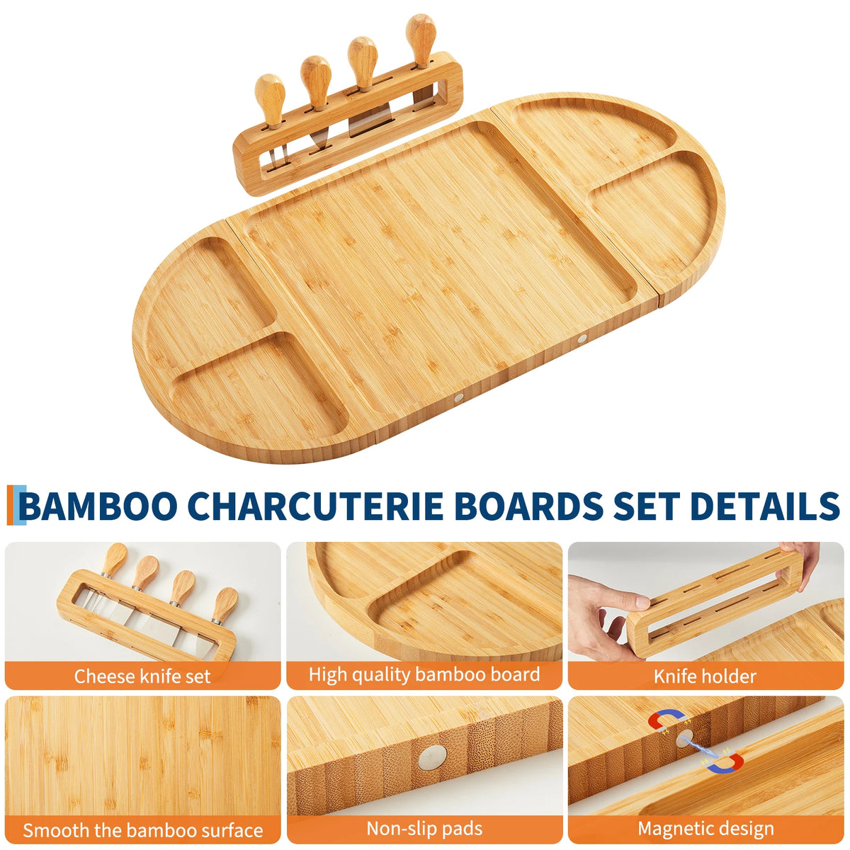 Bamboo Charcuterie Board Set, Magnetic, Knives