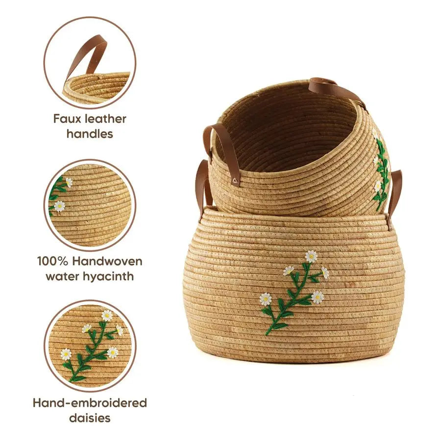 Water Hyacinth Storage Baskets Set of 2, Handwoven Round Organizers