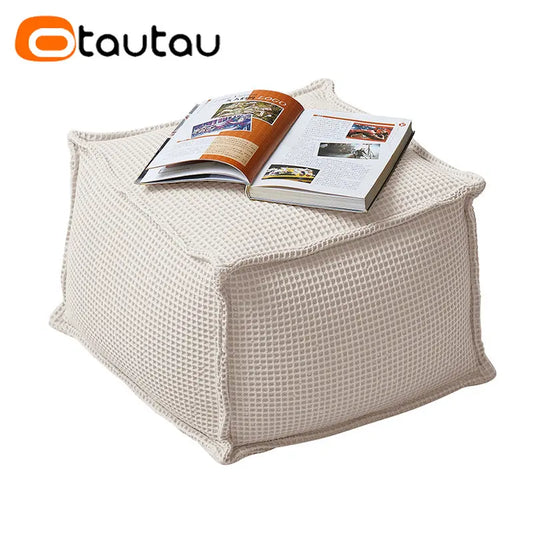 OTAUTAU 100% Pure Cotton Waffle Beanbag Stool Ottoman with Filling Square