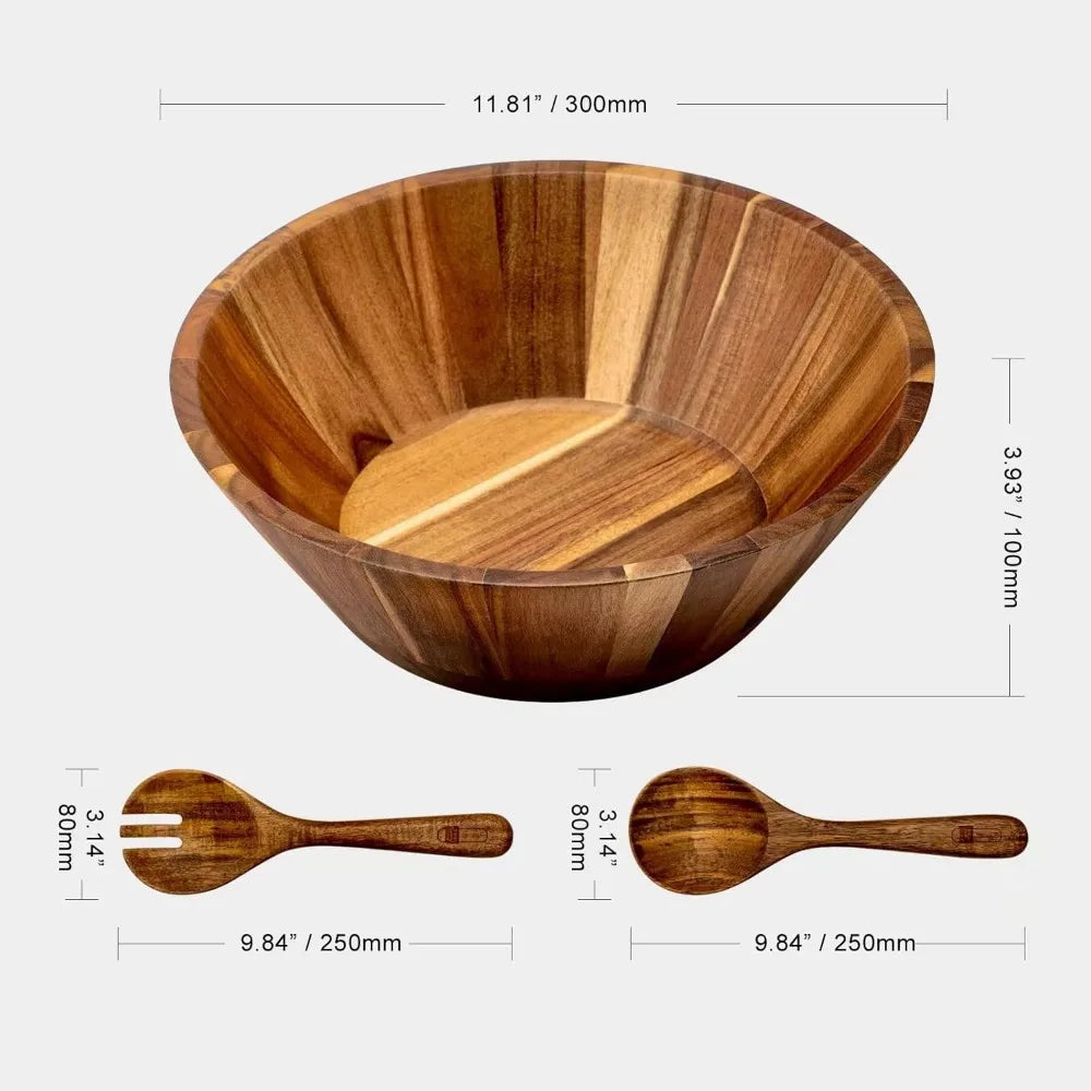 Large Acacia Wood Salad Bowl Set with Utensils, 12"