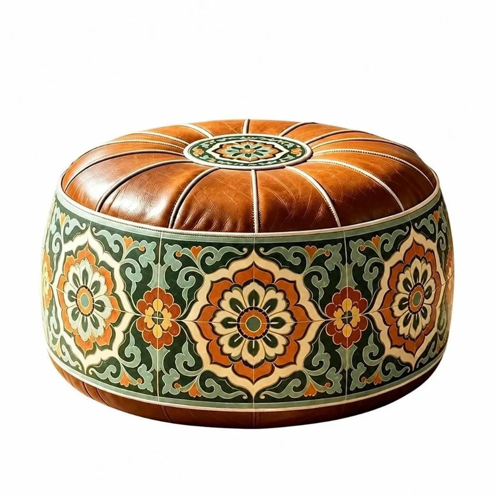 Leather Fillable Ottoman Pouf Round Shape Moroccan Style Storage