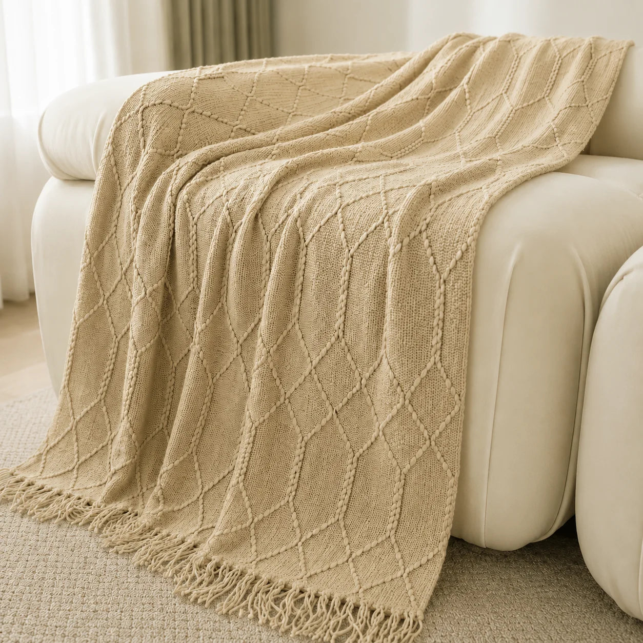 Textured Knit Throw Blanket with Tassel Fringe, Soft Knitted Decorative Blanket,