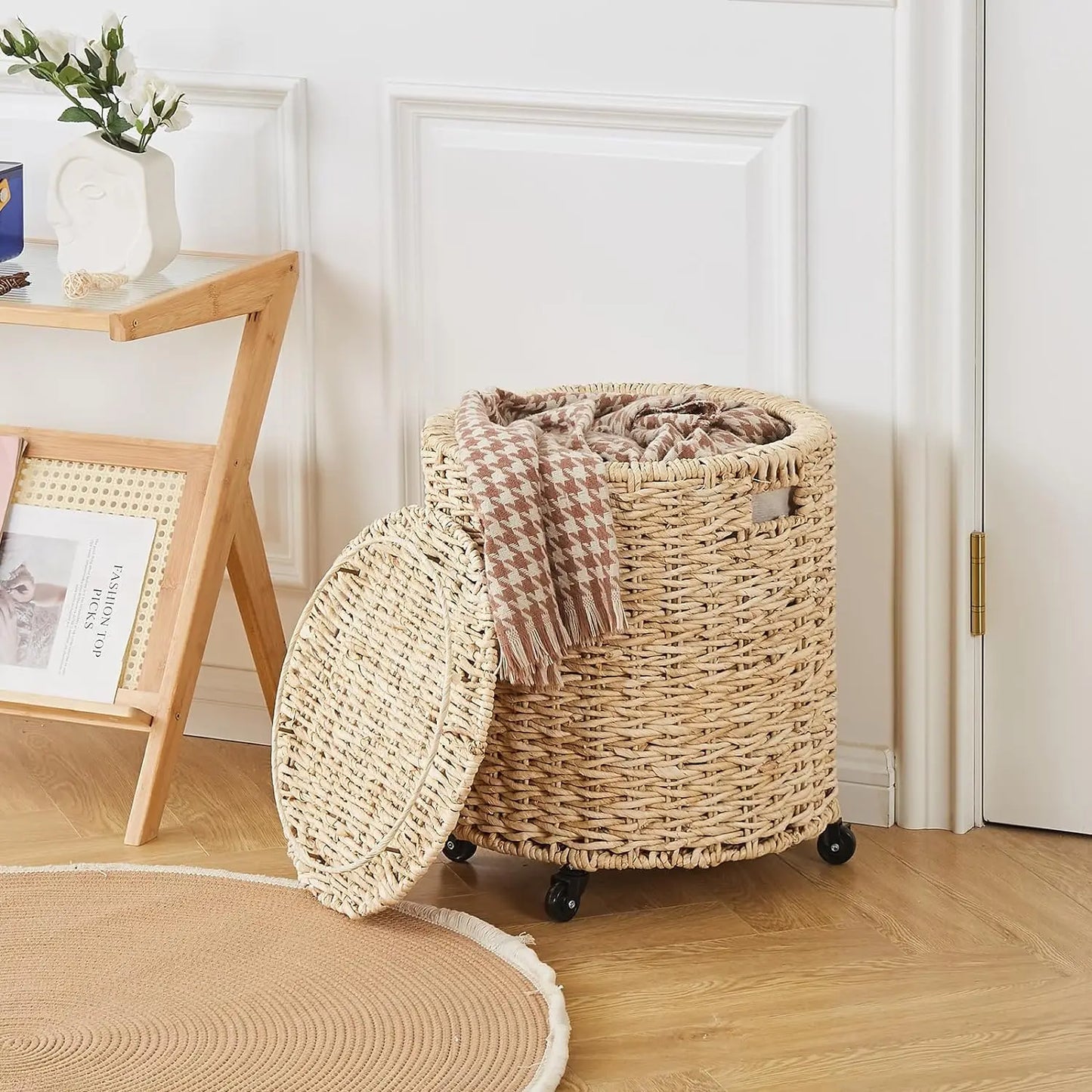 Vintage Storage Basket,  Rolling Hamper With Brakable Wheels and Lid