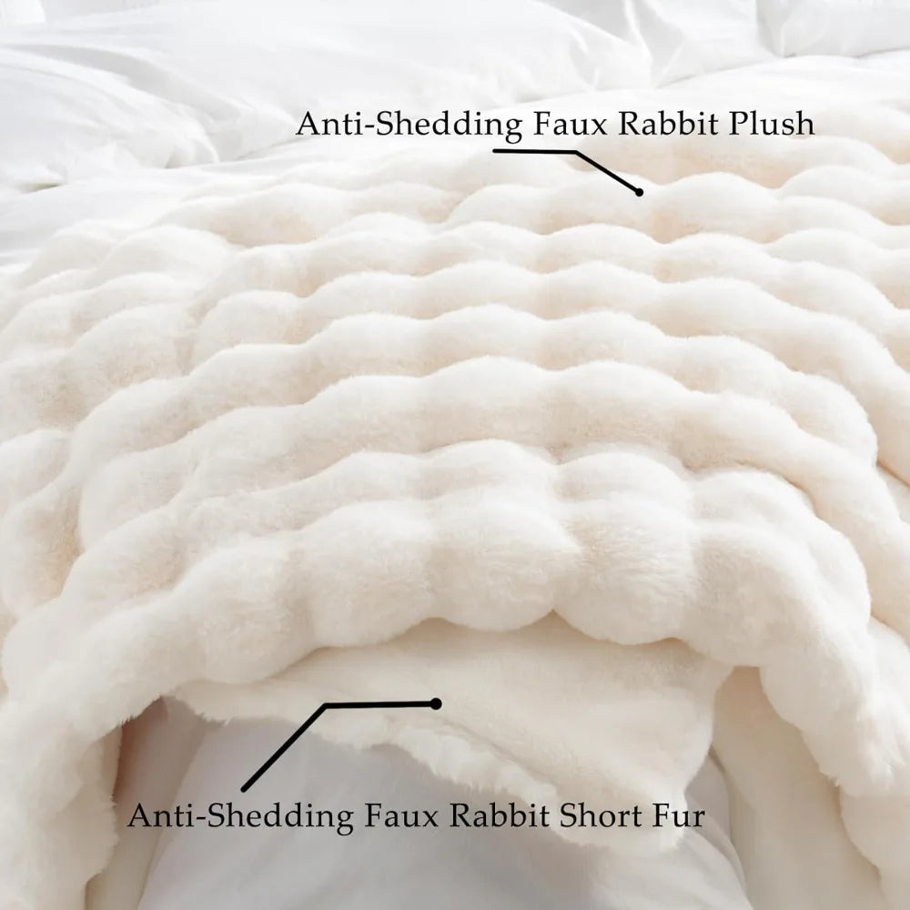 Faux Fur Throw Blanket Cozy Plush Fluffy Soft Thick Bubble Blanke