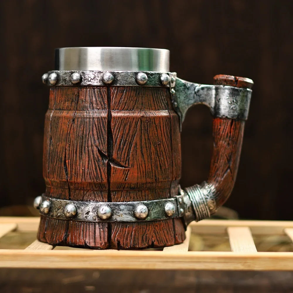 Viking Imitation Wood Resin Beer Mug -Handmade Stainless Steel Line