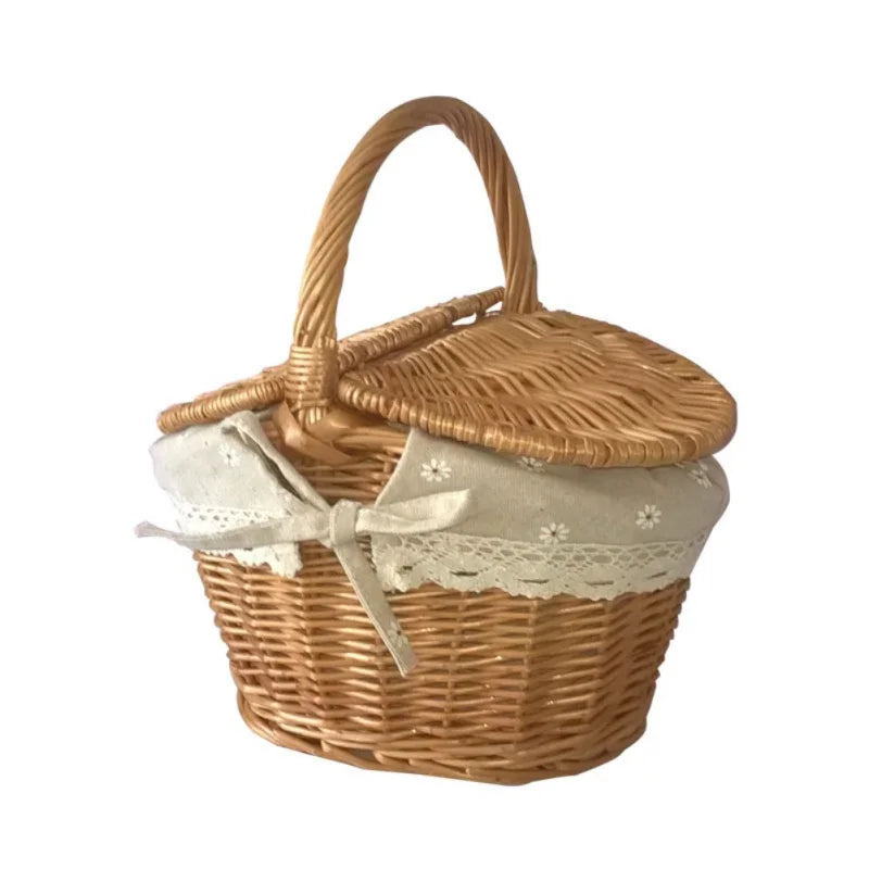 Wicker Basket, Handle Double-Lid Large Camping Picnic