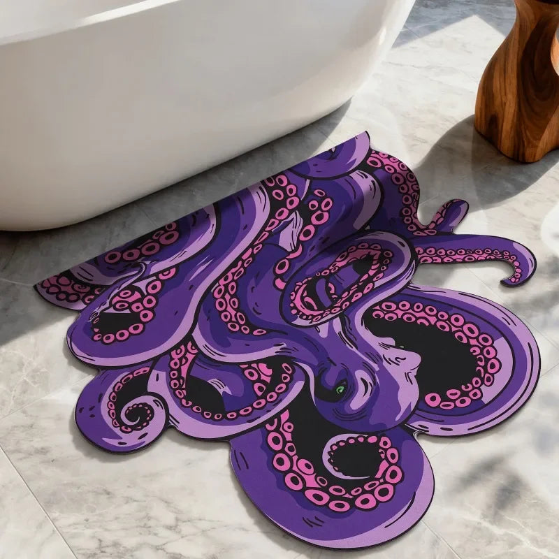 Green & Purple Cthulhu Bath Mat - Absorbent Non-Slip Octopus