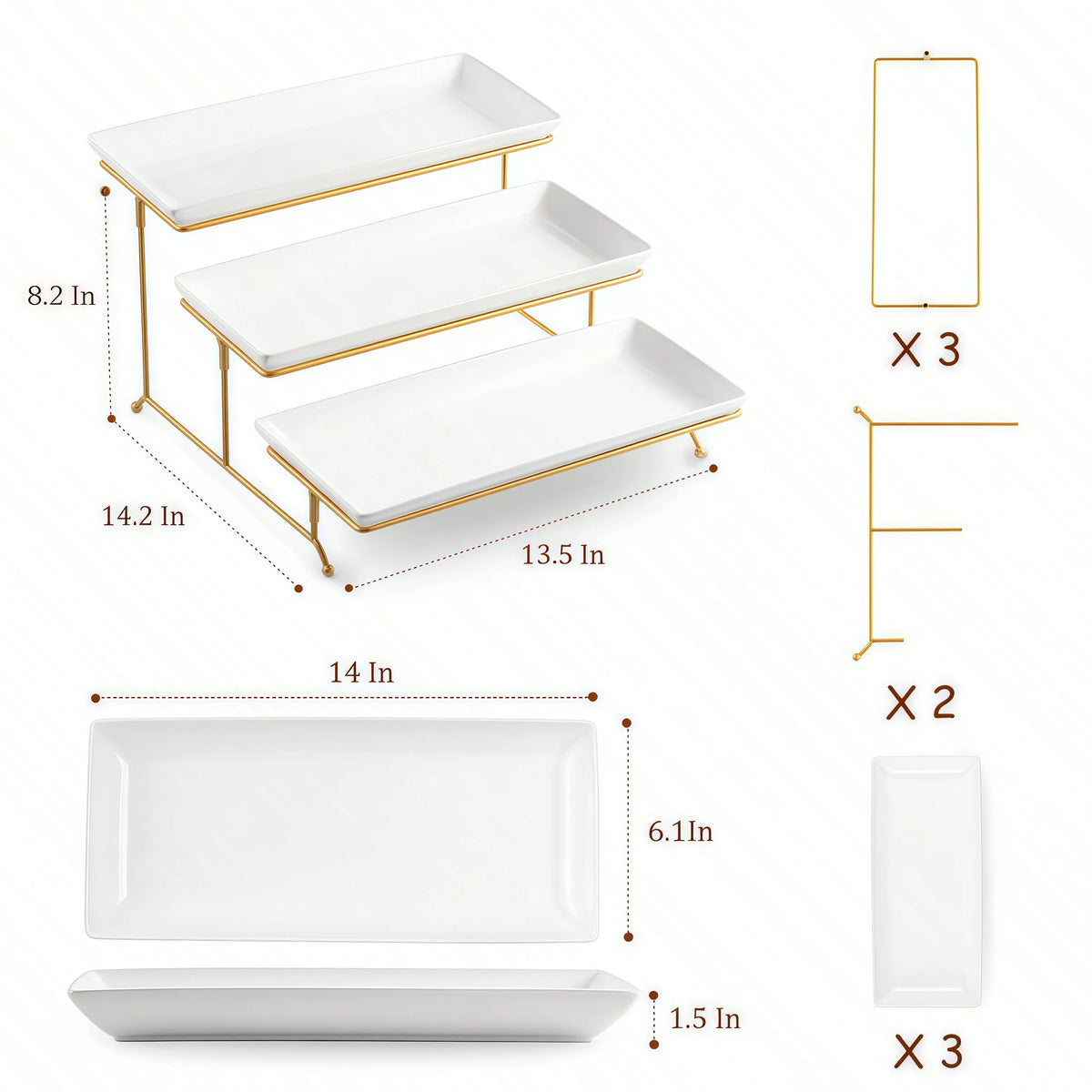 Elegant 3 Tier Porcelain with Gold Stand,  Serving Trays