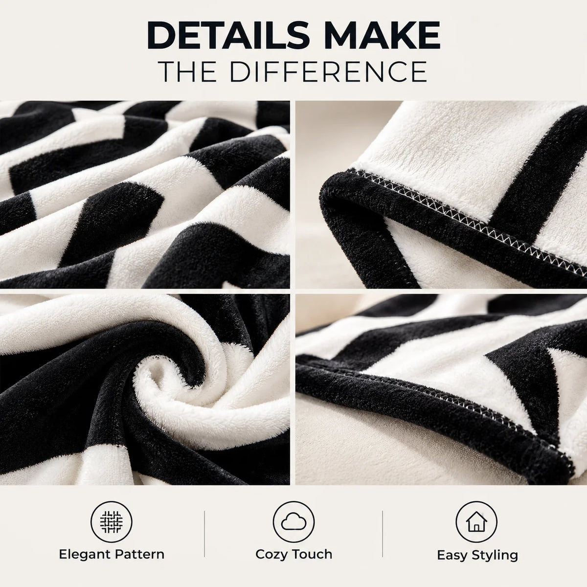 Black White Geometric Flannel Fleece Blanket, Soft Plush Throw