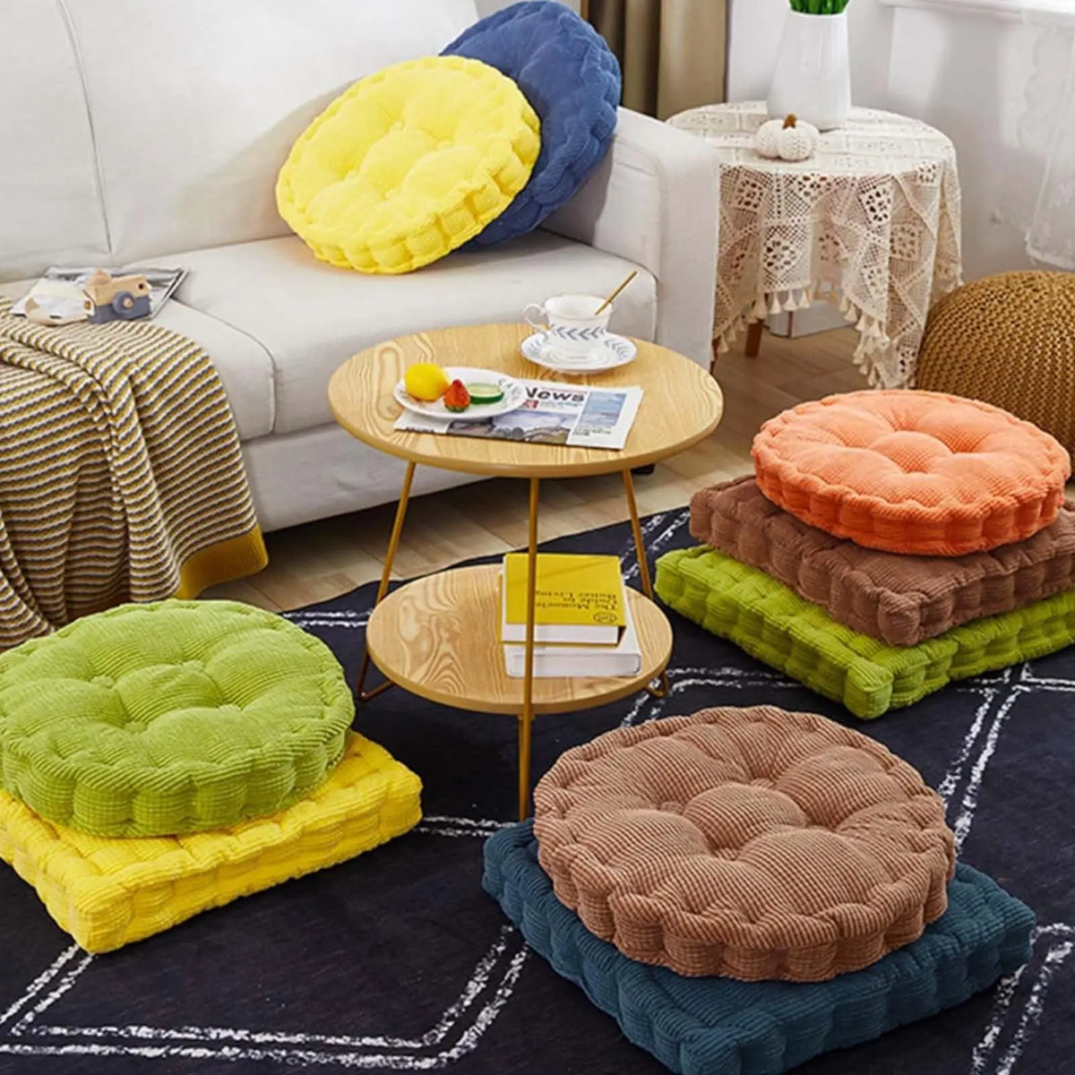 2Pcs Thick Corduroy Floor Cushion, Square & Round Tufted