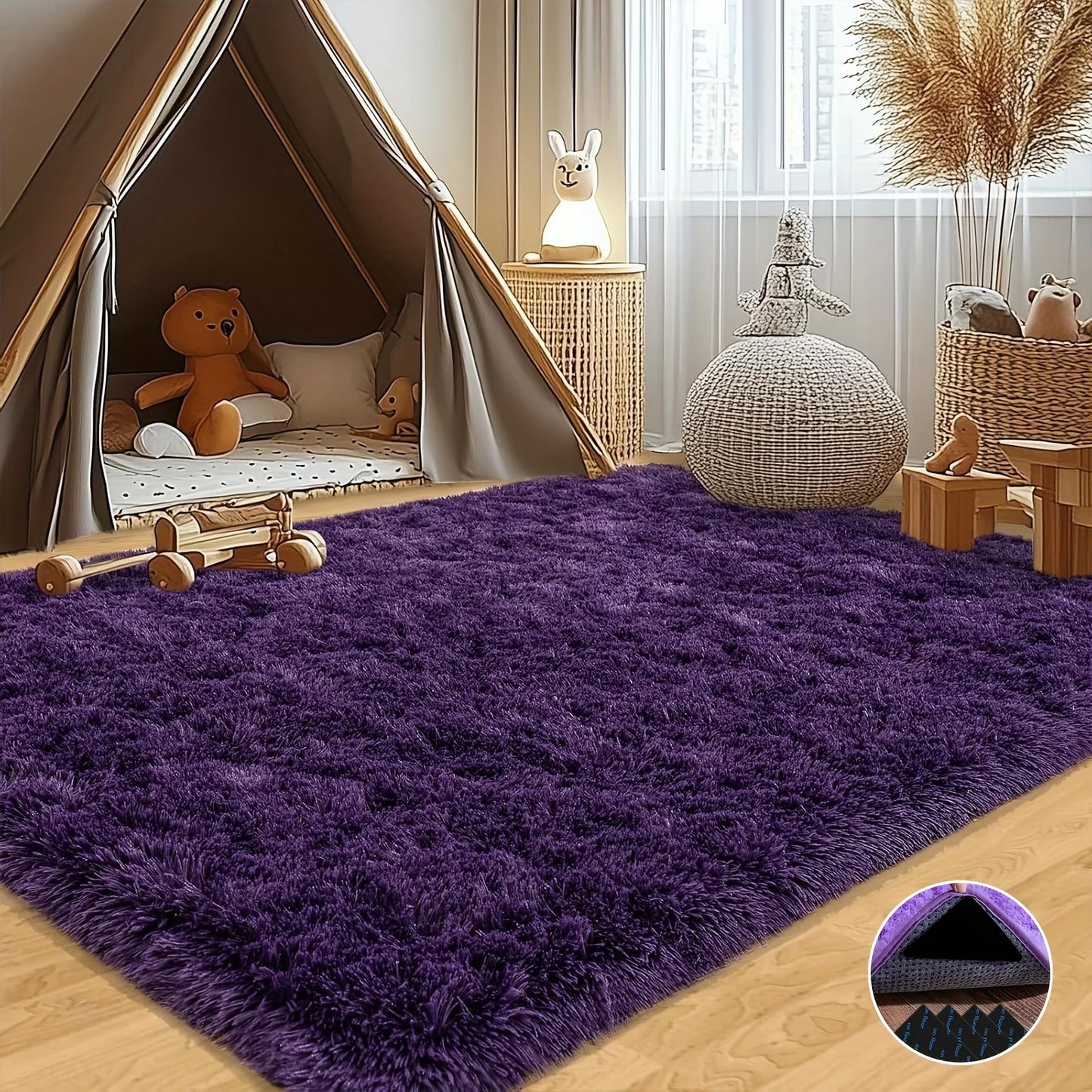 Purple Soft Shaggy Non-Slip Rugs Luxury Plush Carpet with 4 Rug Stickers