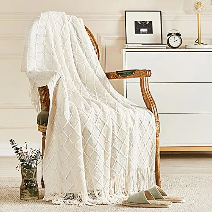 Knitted Throw Blanket  with Tassel, Outdoor Lightweight Breathable