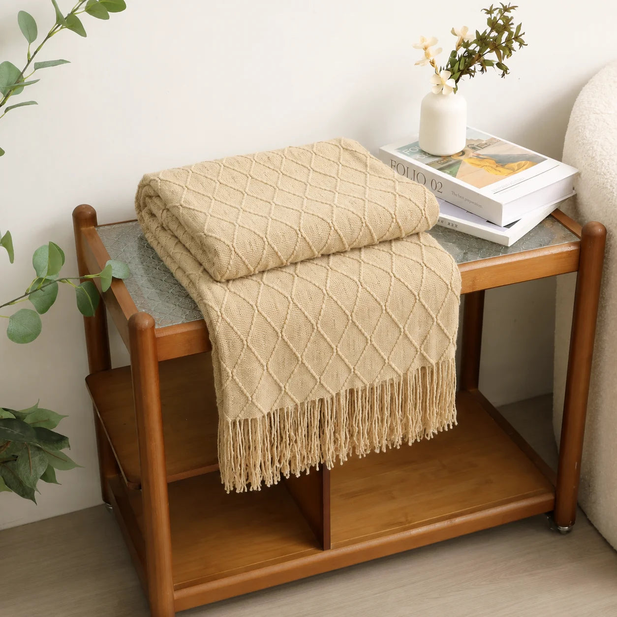 Cream Popcorn Bobble Textured Knit Throw Blanket with Tassel Fringe,