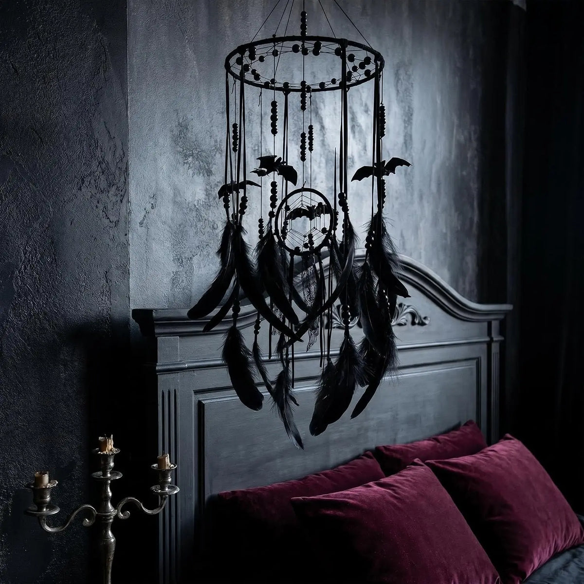 Halloween Gothic Black Dreamcatcher with 5 Bat Ornaments