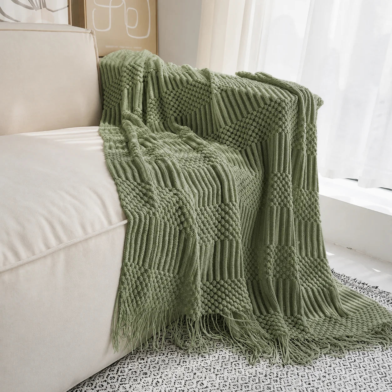 Dark Brown Wavy Chevron Textured Knit Throw Blanket with Tassel Fringe,