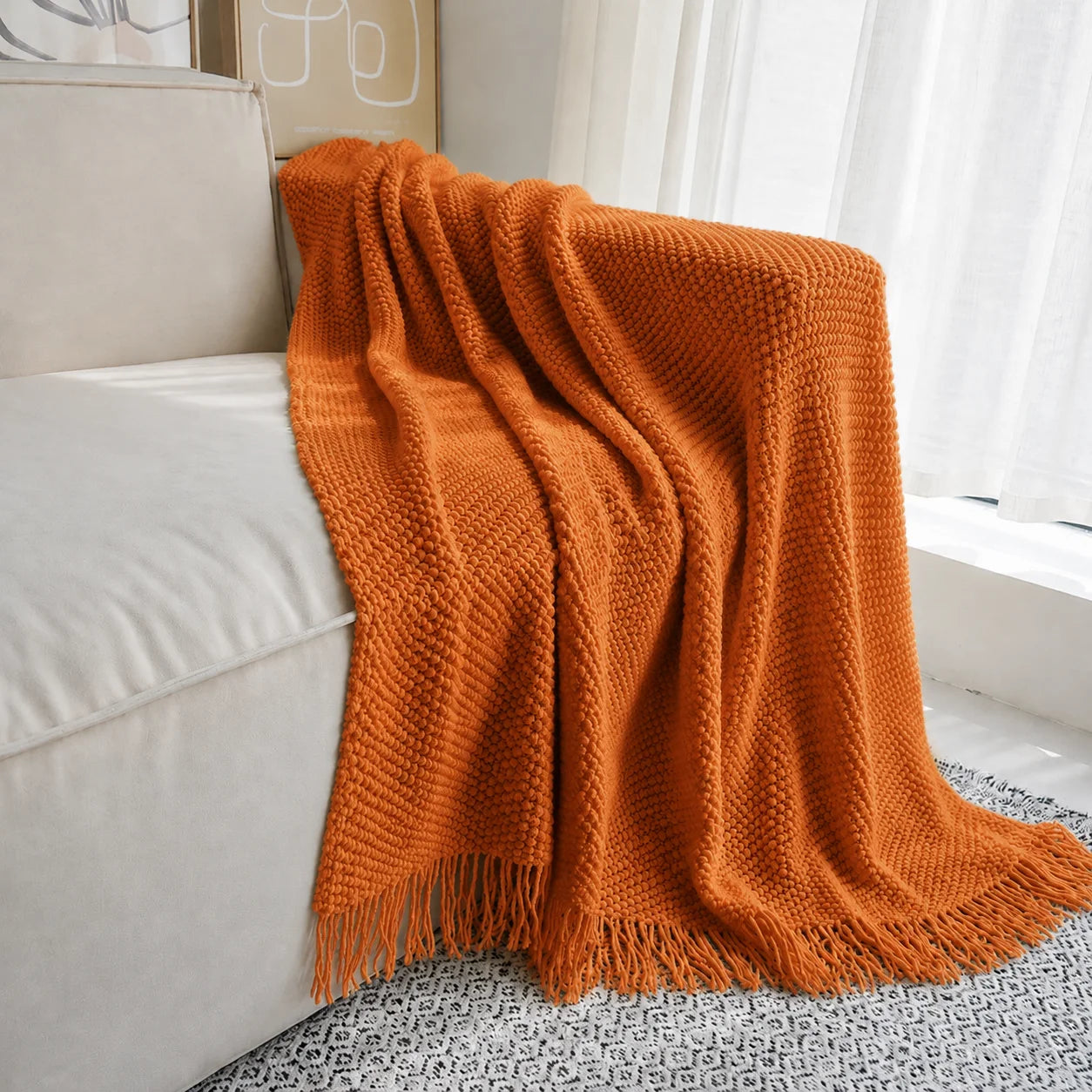 Dark Brown Wavy Chevron Textured Knit Throw Blanket with Tassel Fringe,