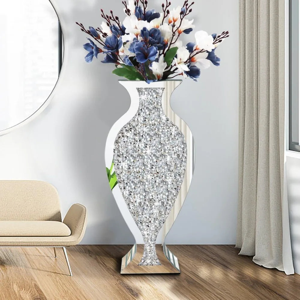 Luxurious 27-Inch Tall Floor Vase Diamond Mirrored Glass