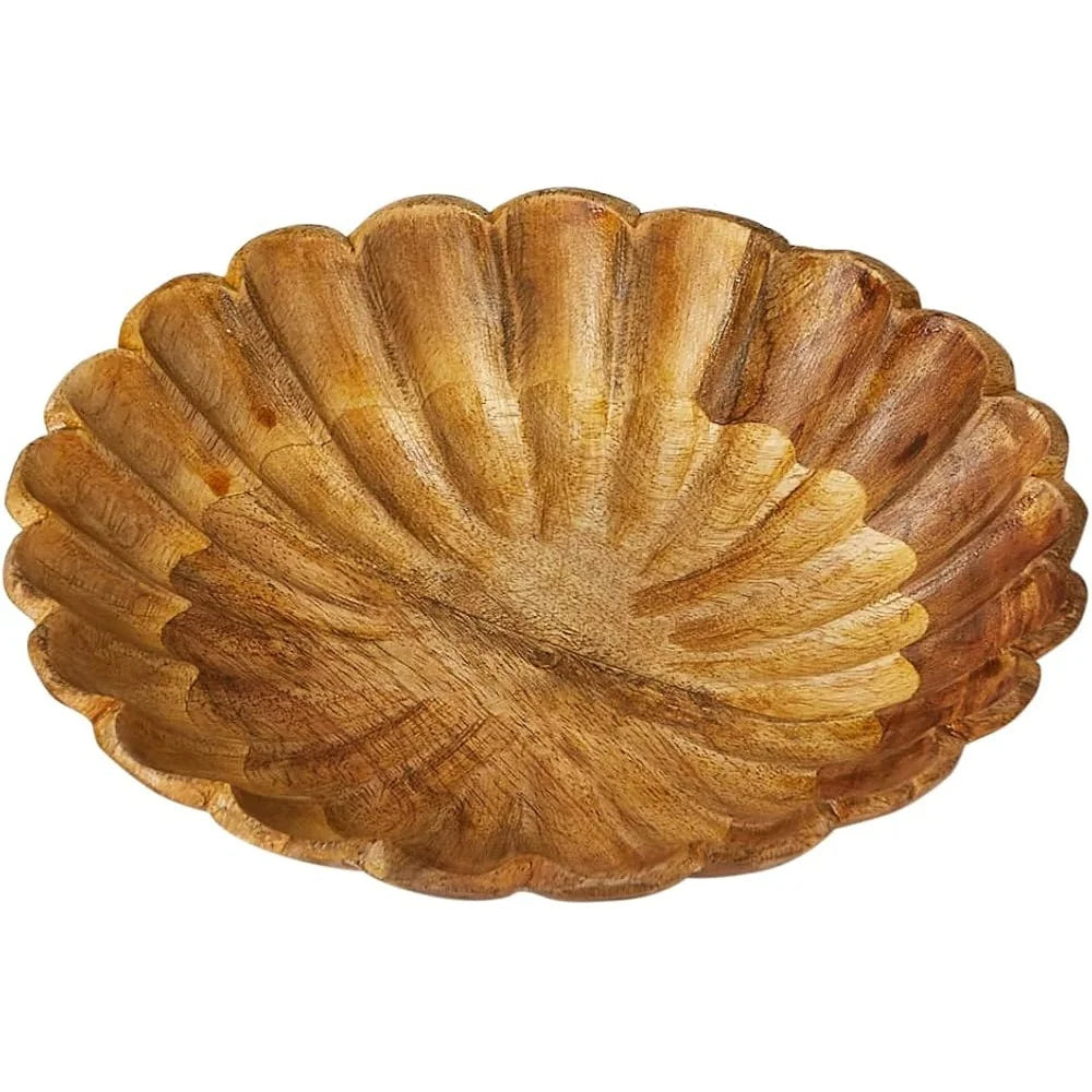 Boho Carved Wood Bowl Scalloped Edge Food Safe Mango Wood Decorative Centerpiece Modern Scandinavian Design 8 Inch